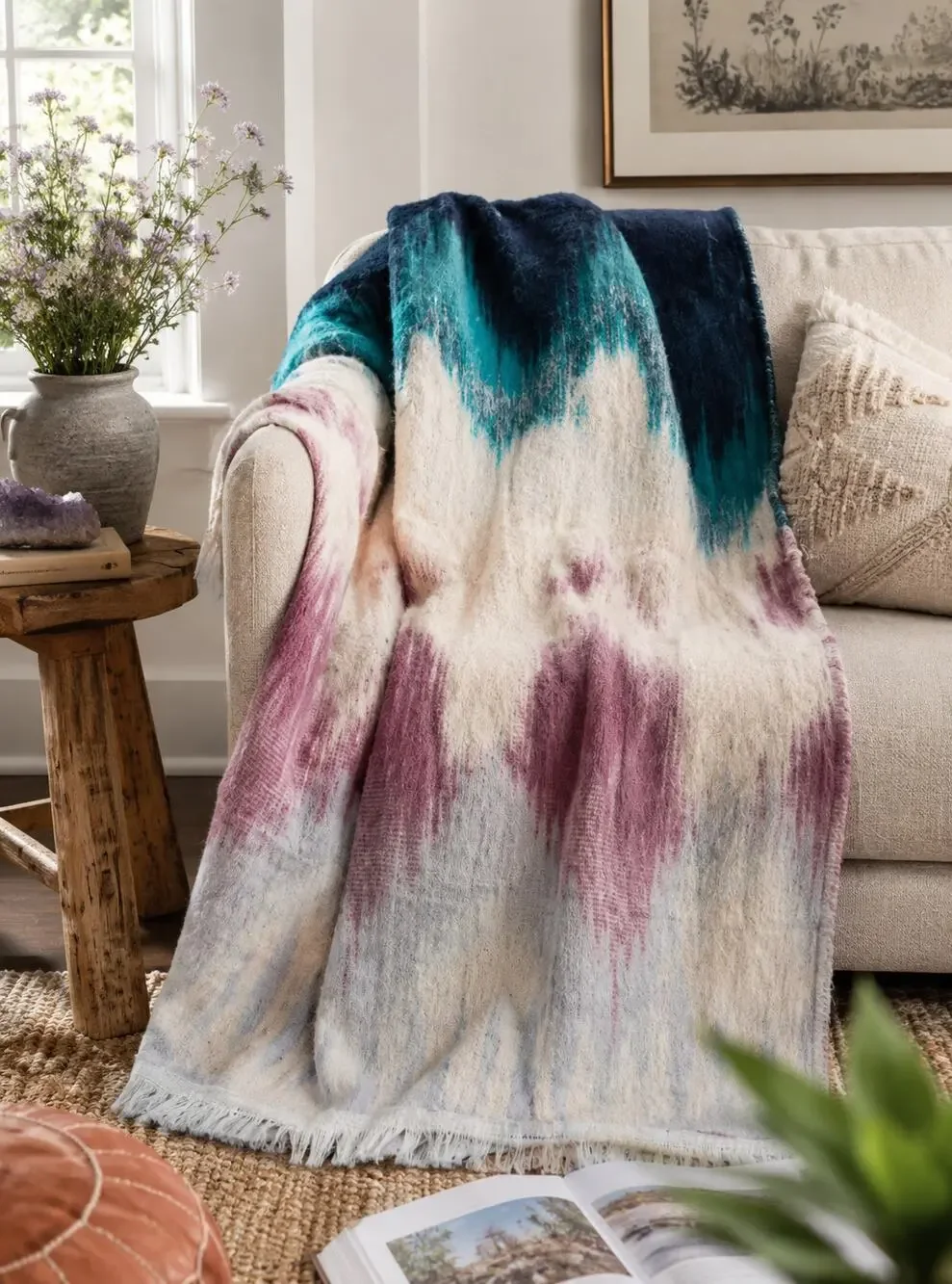 Anthropologie Crisanta Woven Throw Blanket 50x60 Multicolor Fringe Wool Blend